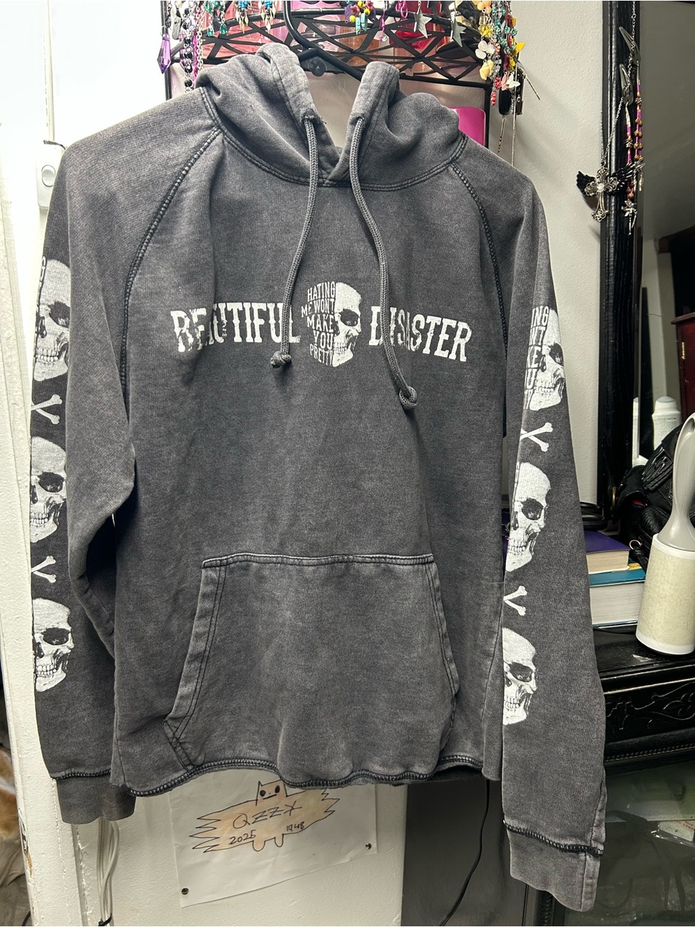 Beautiful Disaster Black Washed Skull Graphic Hoodie
